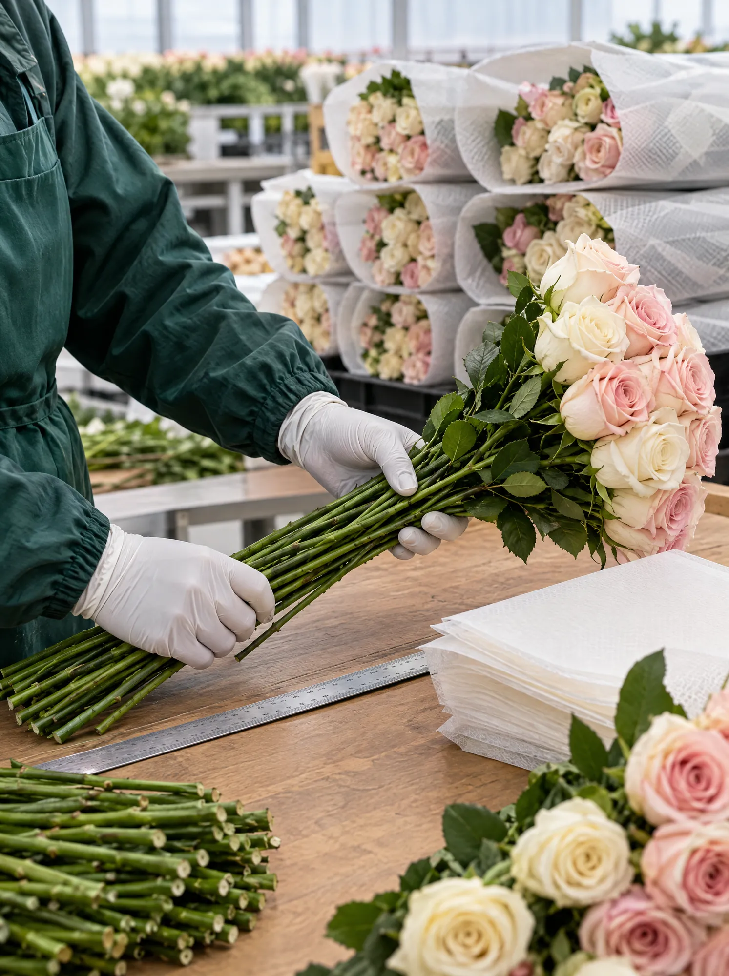 Grading and packing roses at the farm