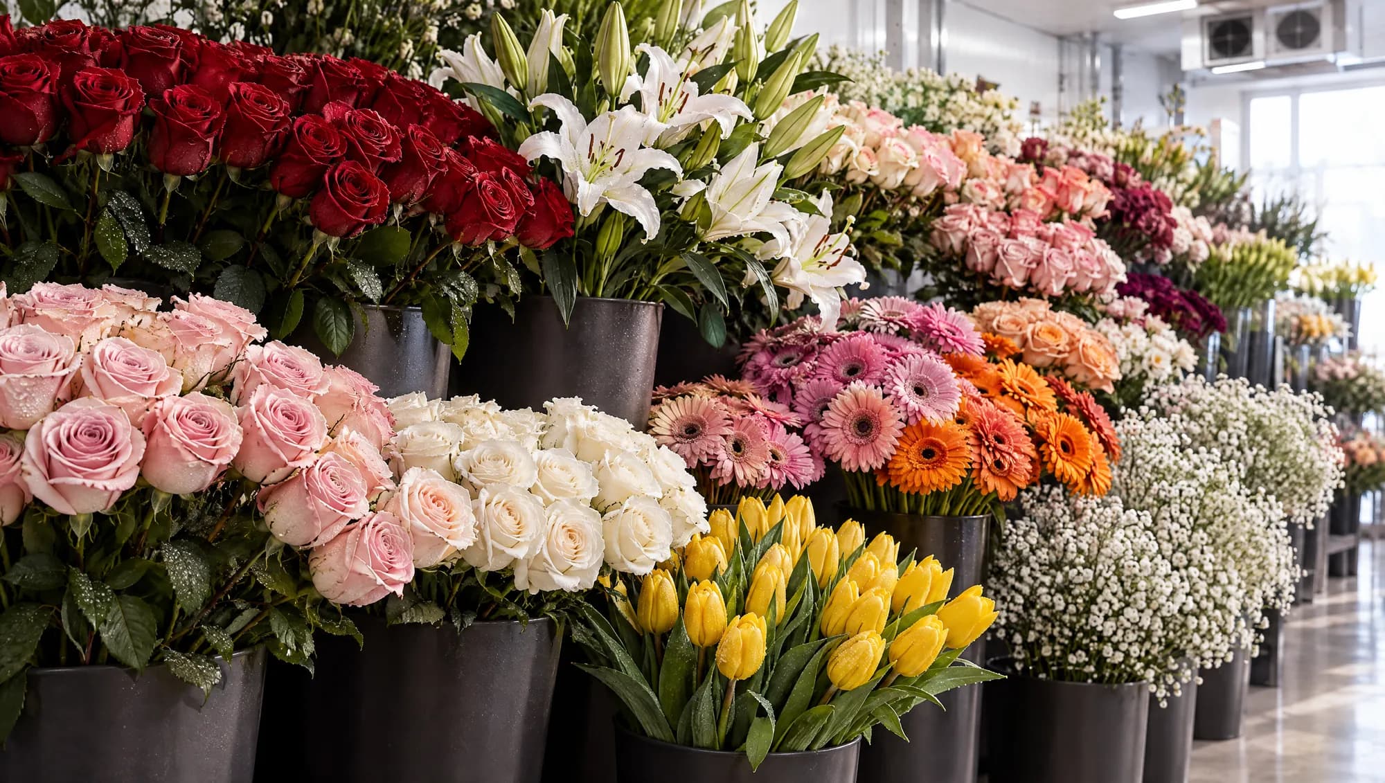 Wholesale cut flowers: roses, lilies, gerberas and tulips ready for delivery
