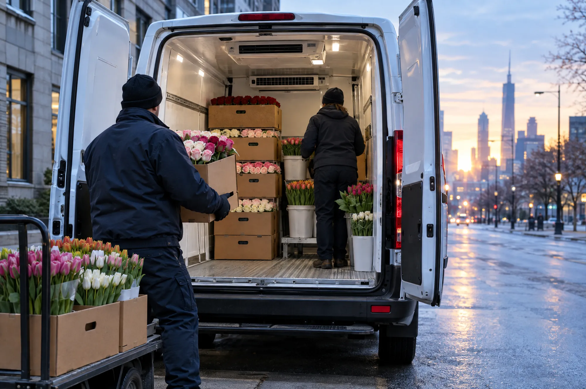 Loading flowers into a refrigerated van