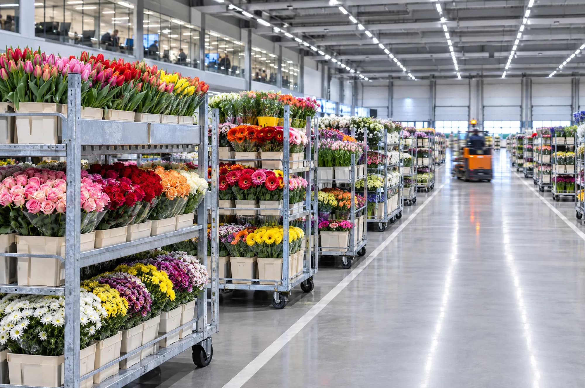 Flower trolleys in the Aalsmeer logistics hall, Netherlands