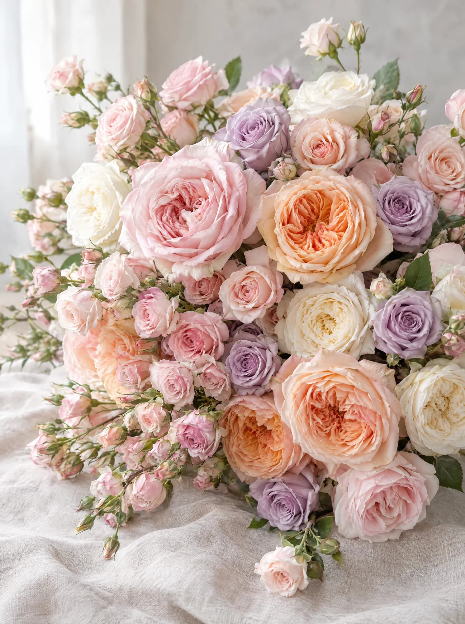 Spray roses and garden roses in pastel colours